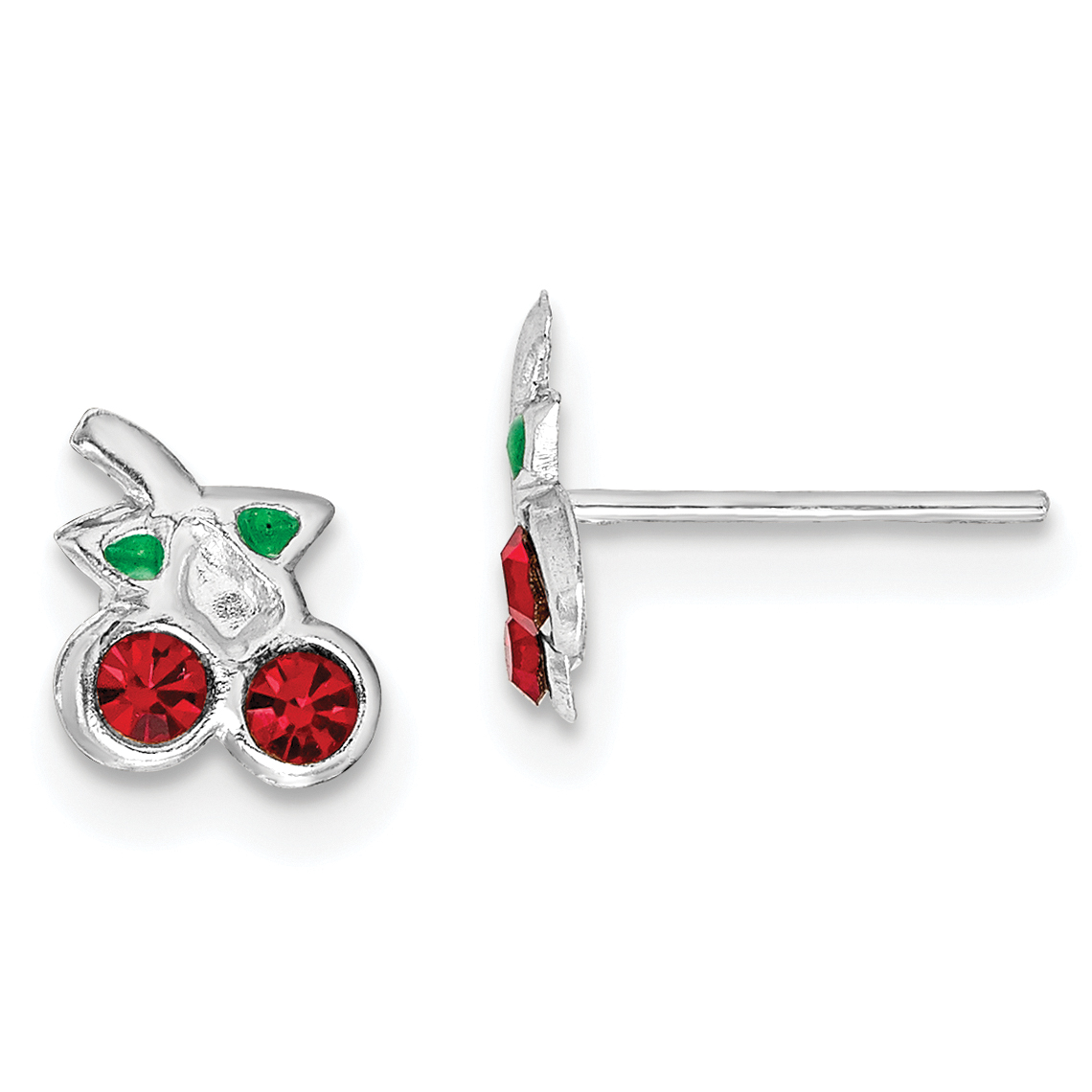 Sterling Silver Rhodium-plated Polished Red & Green Crystal Cherries Children's Post Earrings (QE14337)