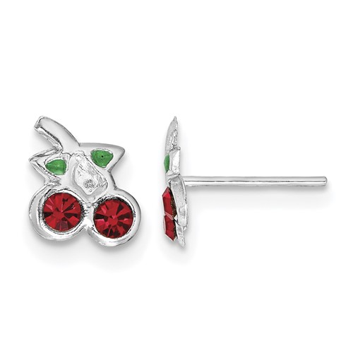 Sterling Silver Rhodium-plated Polished Red & Green Crystal Cherries Petite Post Earrings