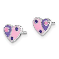 Sterling Silver Rhodium-plated Polished Pink & Purple Enameled Heart Post Earrings view 2