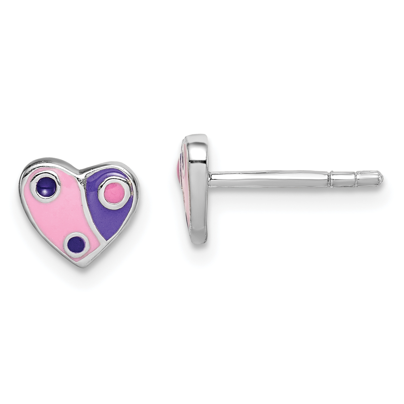 Sterling Silver Rhodium-plated Polished Pink & Purple Enameled Heart Children's Post Earrings (QE14338)