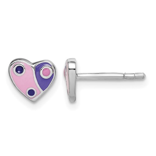 Sterling Silver Rhodium-plated Polished Pink & Purple Enameled Heart Post Earrings