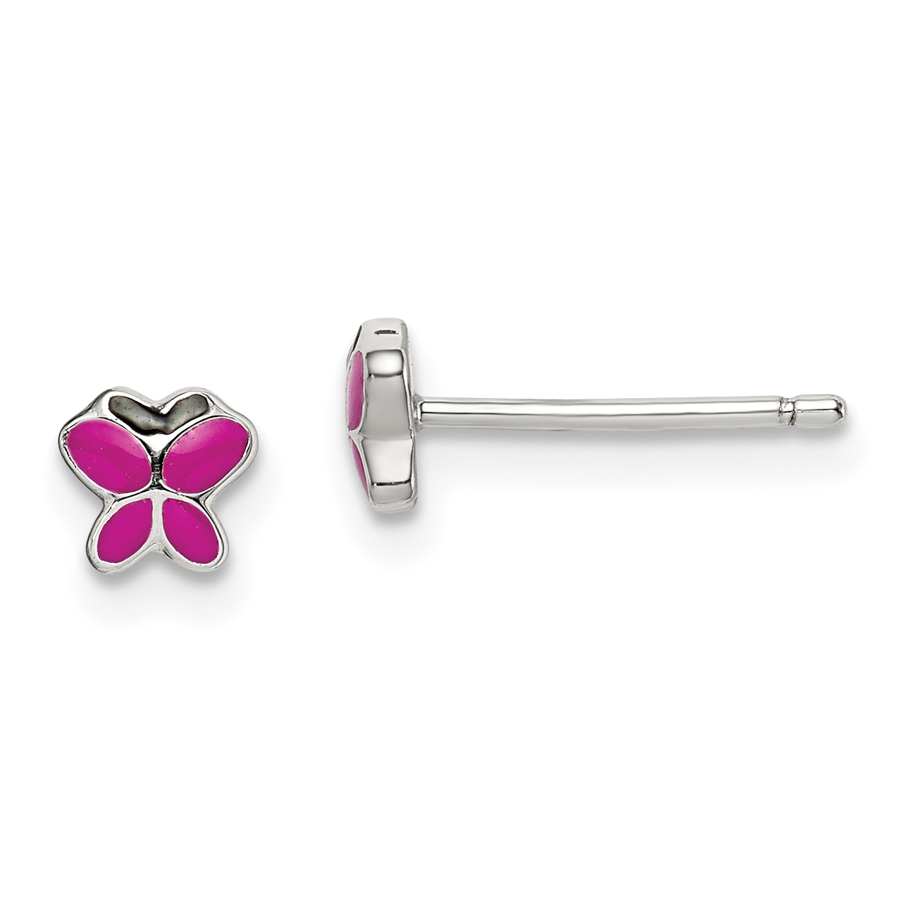 Sterling Silver Polished Pink & Black Enameled Butterfly Children's Post Earrings (QE14340)