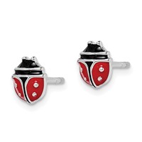 Sterling Silver Rhodium-plated Black and Red Enameled Ladybug Petite Post Earrings view 2