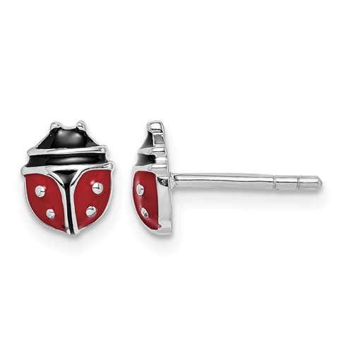 Sterling Silver Rhodium-plated Black and Red Enameled Ladybug Petite Post Earrings
