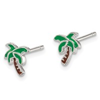Sterling Silver Rhodium-plated Polished Enameled Palm Tree Post Earrings view 2