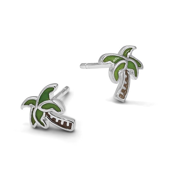 Sterling Silver Rhodium-plated Polished Enameled Palm Tree Post Earrings