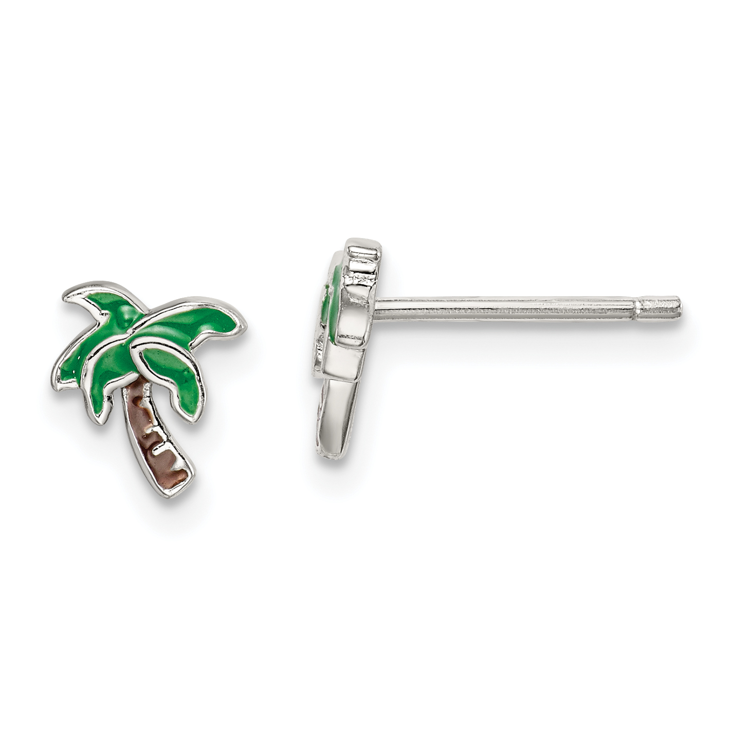 Sterling Silver Rhodium-plated Polished Enameled Palm Tree Post Earrings (QE14345)