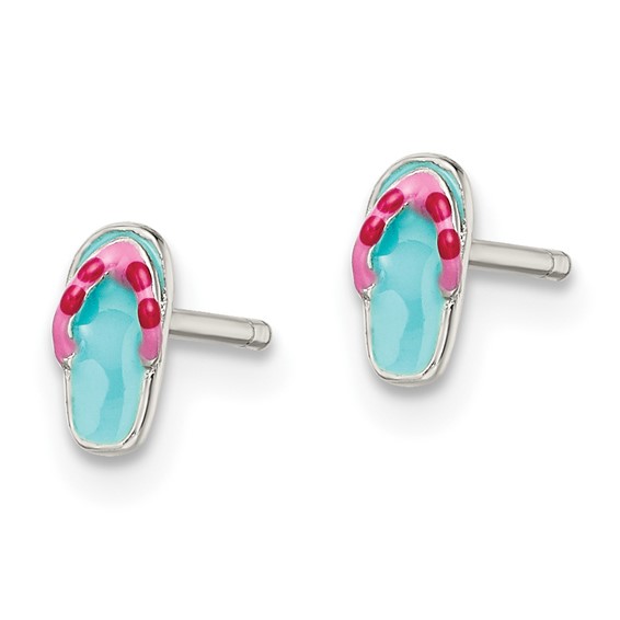 Sterling Silver Polished Teal & Pink Enameled Flip Flop Children's Post Earrings