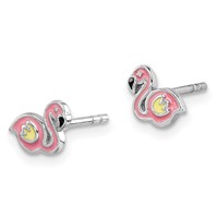 Sterling Silver Rhodium-plated Polished Multi-color Enameled Flamingo Petite Post Earrings view 2