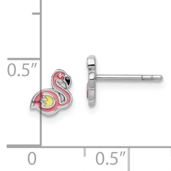 Sterling Silver Rhodium-plated Polished & Multi-color Enameled Flamingo Children's Post Earrings