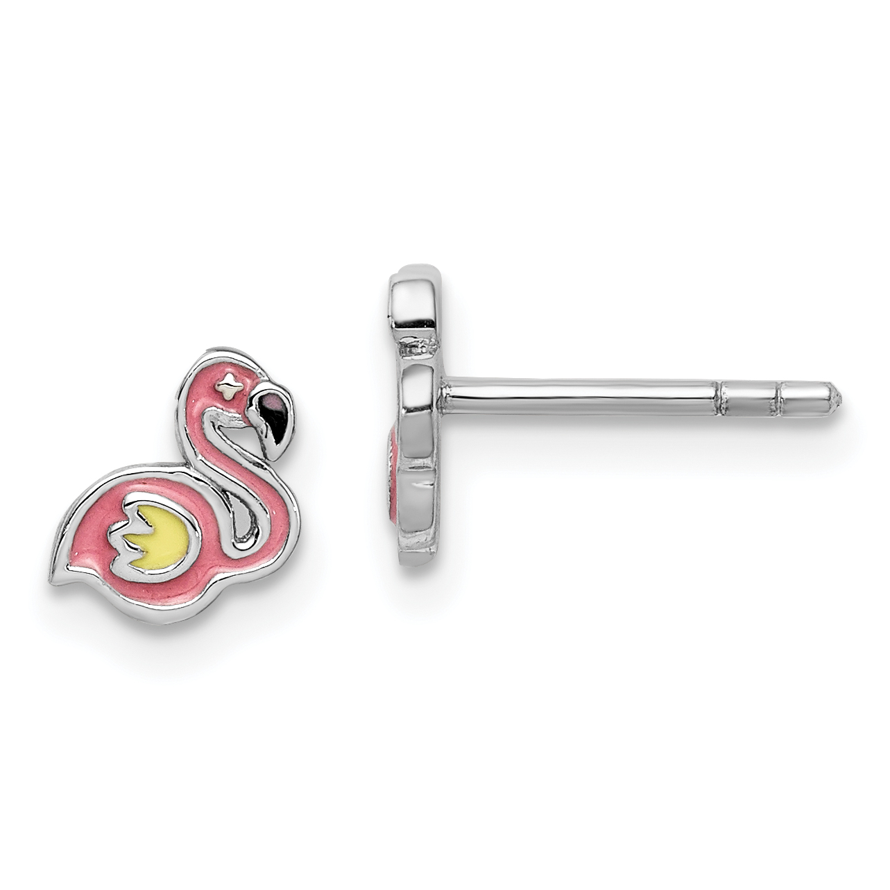 Sterling Silver Rhodium-plated Polished & Multi-color Enameled Flamingo Children's Post Earrings (QE14350)