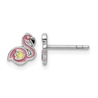 Sterling Silver Rhodium-plated Polished Multi-color Enameled Flamingo Petite Post Earrings view 1