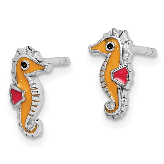 Sterling Silver Rhodium-plated Children's Polished and Multi-color Enameled Seahorse Post Earrings