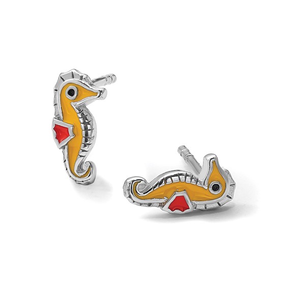 Sterling Silver Rhodium-plated Children's Polished and Multi-color Enameled Seahorse Post Earrings