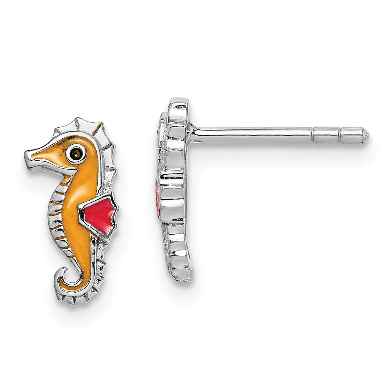 Sterling Silver Rhodium-plated Children's Polished and Multi-color Enameled Seahorse Post Earrings (QE14351)