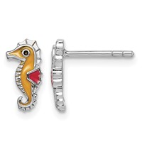Sterling Silver Rhodium-plated Polished and Multi-color Enameled Seahorse Post Earrings view 1