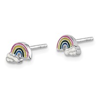 Sterling Silver Rhodium-plated Polished & Multi-color Enameled Rainbow & Clouds Children's Post Earrings view 2