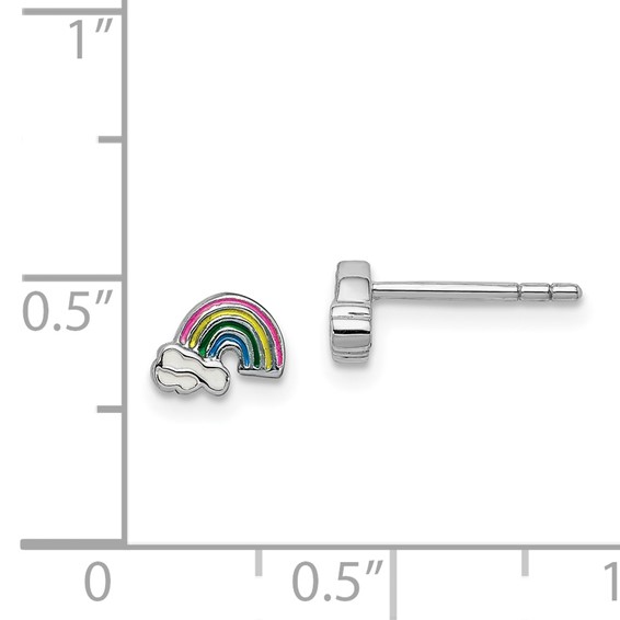Sterling Silver Rhodium-plated Polished & Multi-color Enameled Rainbow & Clouds Children's Post Earrings