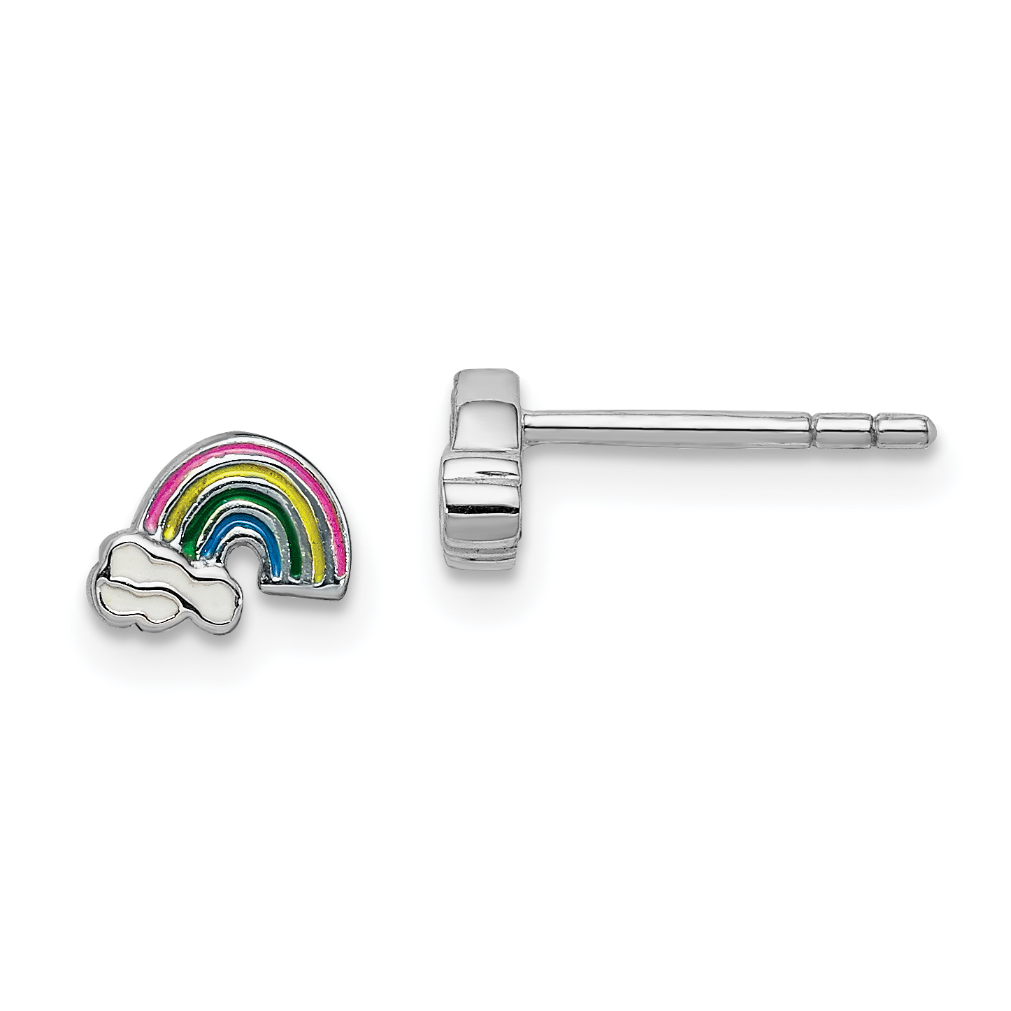 Sterling Silver Rhodium-plated Polished & Multi-color Enameled Rainbow & Clouds Children's Post Earrings (QE14355)