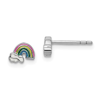 Sterling Silver Rhodium-plated Polished & Multi-color Enameled Rainbow & Clouds Children's Post Earrings
