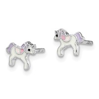 Sterling Silver Rhodium-plated Polished Multi-color Enameled Unicorn Petite Post Earrings view 2