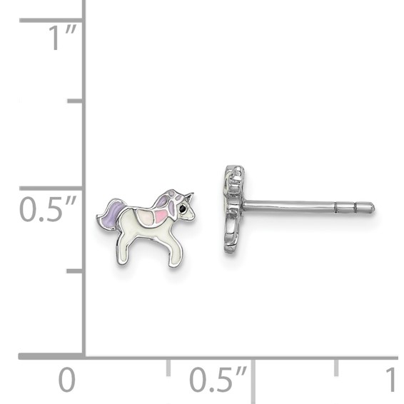 Sterling Silver Rhodium-plated Polished Multi-color Enameled Unicorn Children's Post Earrings