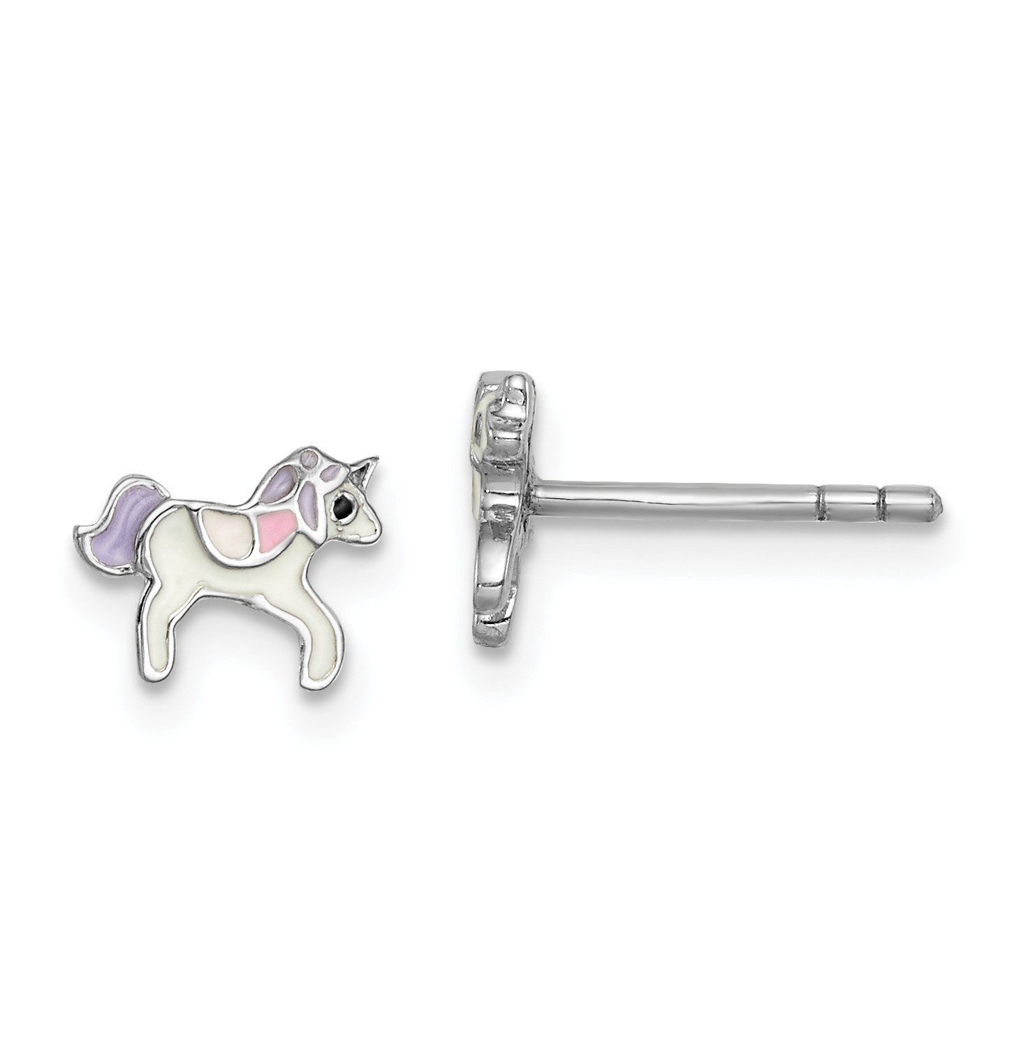 Sterling Silver Rhodium-plated Polished Multi-color Enameled Unicorn Children's Post Earrings (QE14356)
