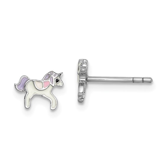 Sterling Silver Rhodium-plated Polished Multi-color Enameled Unicorn Children's Post Earrings