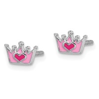 Sterling Silver Rhodium-plated Polished and Pink Enameled Heart Crown Petite Post Earrings view 2