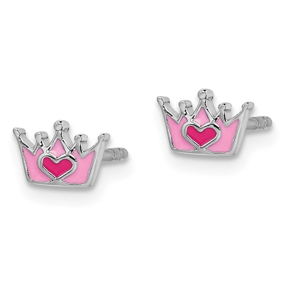 Sterling Silver Rhodium-plated Polished & Pink Enameled Heart Crown Children's Post Earrings