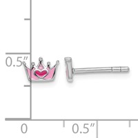 Sterling Silver Rhodium-plated Polished and Pink Enameled Heart Crown Petite Post Earrings view 4