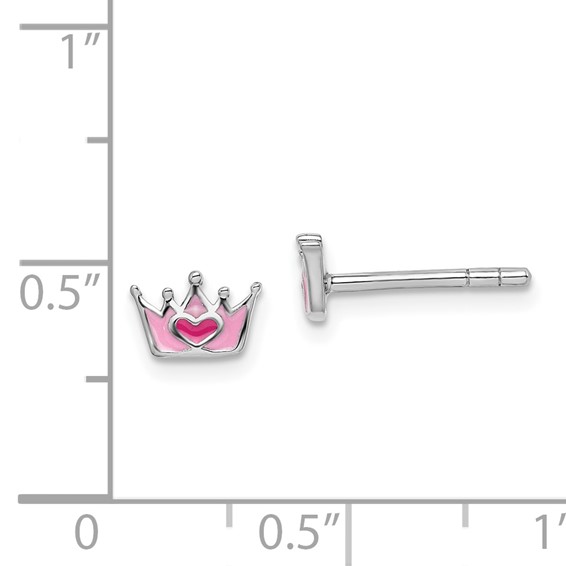 Sterling Silver Rhodium-plated Polished & Pink Enameled Heart Crown Children's Post Earrings