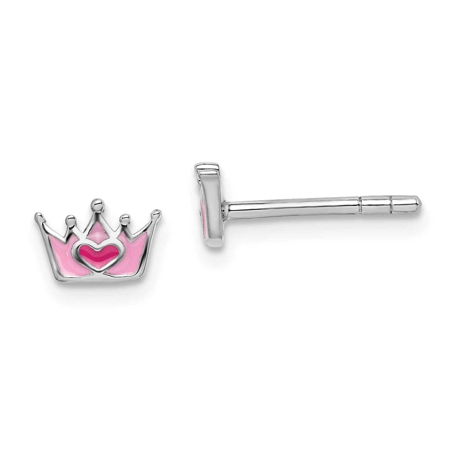 Sterling Silver Rhodium-plated Polished & Pink Enameled Heart Crown Children's Post Earrings (QE14357)