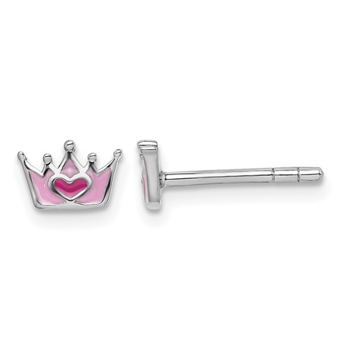 Sterling Silver Rhodium-plated Polished and Pink Enameled Heart Crown Petite Post Earrings