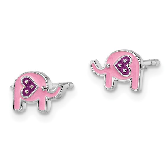 Sterling Silver Rhodium-plated Polished Pink & Purple Enameled Elephant Children's Post Earrings