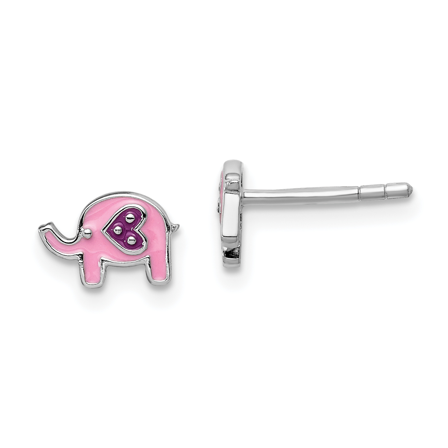 Sterling Silver Rhodium-plated Polished Pink & Purple Enameled Elephant Children's Post Earrings (QE14359)