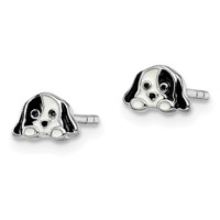 Sterling Silver Rhodium-plated Polished Black and White Enameled Puppy Petite Post Earrings view 2