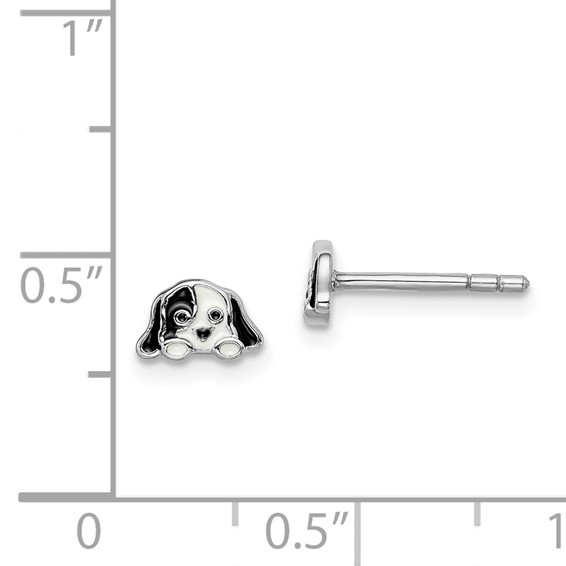 Sterling Silver Rhodium-plated Polished Black & White Enameled Puppy Children's Post Earrings