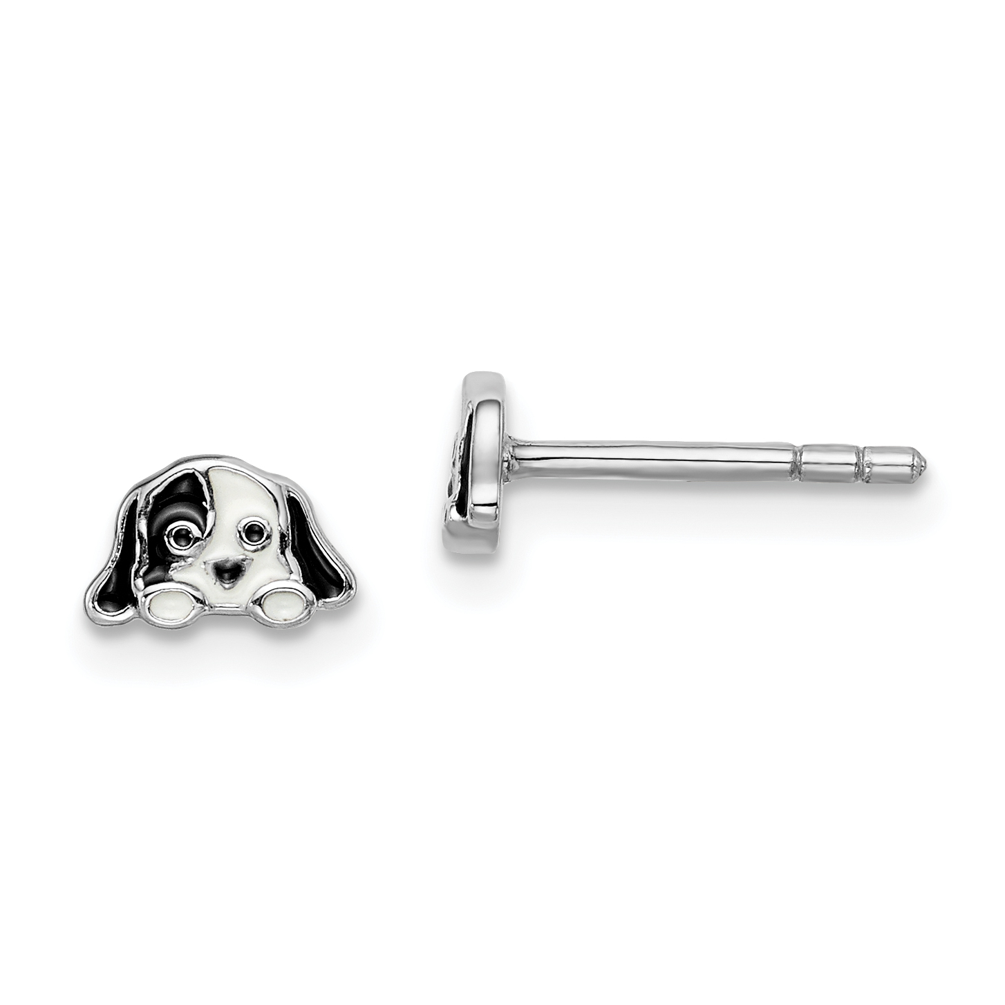Sterling Silver Rhodium-plated Polished Black & White Enameled Puppy Children's Post Earrings (QE14361)