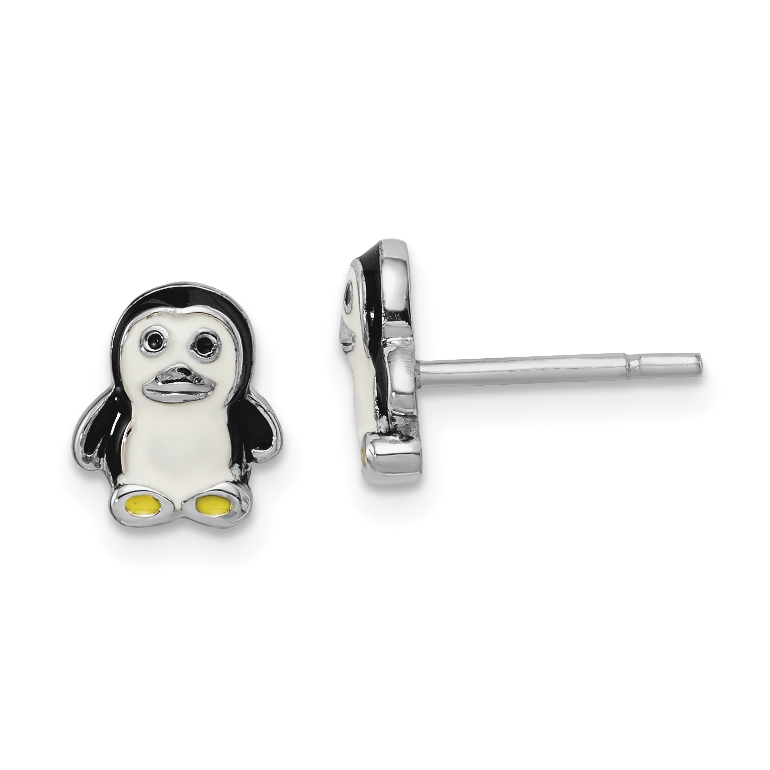 Sterling Silver Rhodium-plated Polished Multi-color Enameled Penguin Children's Post Earrings (QE14362)