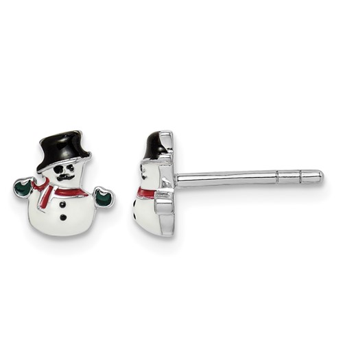 Sterling Silver Rhodium-plated Polished Multi-color Enameled Snowman Post Earrings