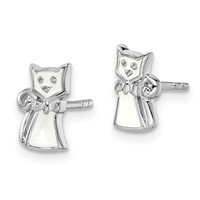 Sterling Silver Rhodium-plated Polished Enameled White Cat Post Earrings view 2