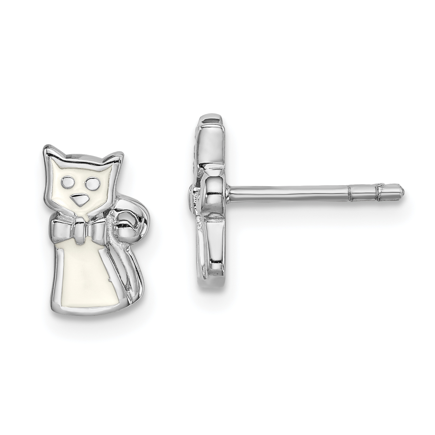 Sterling Silver Rhodium-plated Polished White Enameled Cat Children's Post Earrings (QE14364)