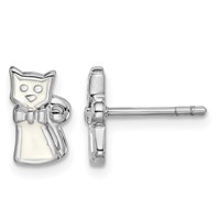Sterling Silver Rhodium-plated Polished Enameled White Cat Post Earrings view 1