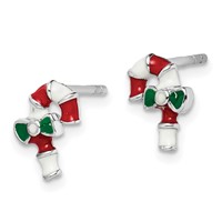 Sterling Silver Rhodium-plated Polished Enameled Candy Cane Post Earrings view 2