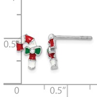 Sterling Silver Rhodium-plated Polished Enameled Candy Cane Post Earrings view 4
