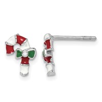 Sterling Silver Rhodium-plated Polished Enameled Candy Cane Post Earrings view 1
