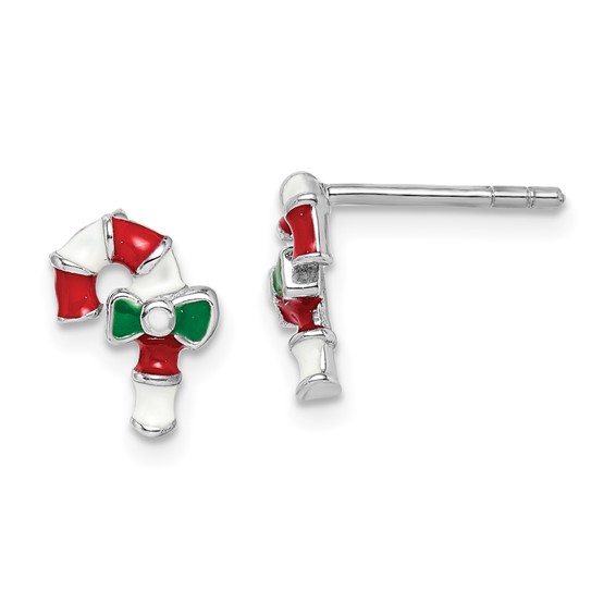 Sterling Silver Rhodium-plated Polished Multi-color Enameled Candy Cane Children's Post Earrings