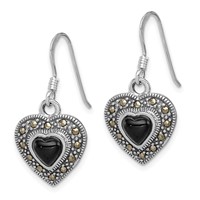 Sterling Silver RH-plated Antiqued Onyx & Marcasite Heart Dangle Earrings view 2