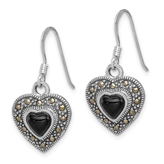 Sterling Silver RH-plated Antiqued Onyx & Marcasite Heart Dangle Earrings